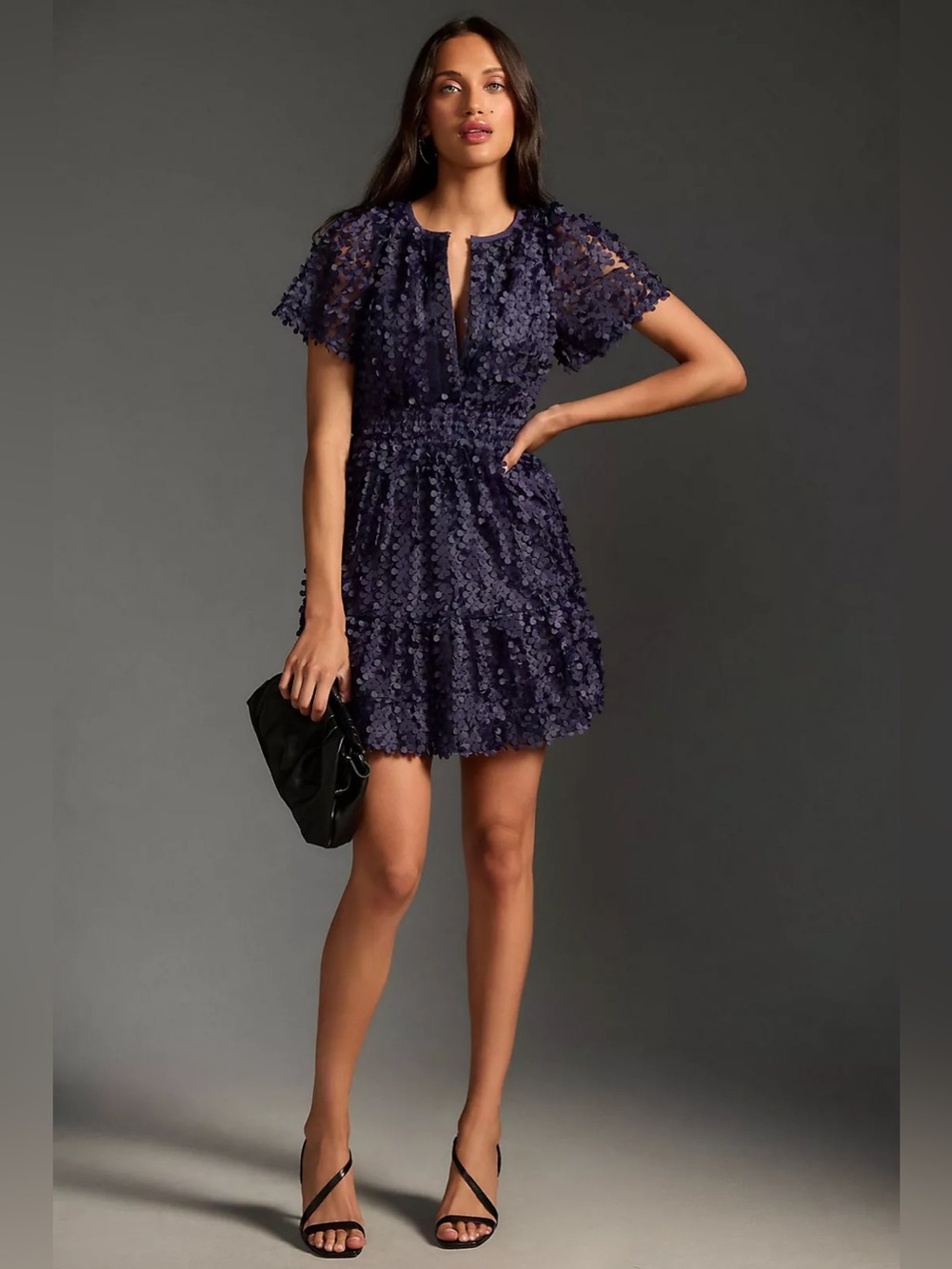 Anthropologie Navy Blue Textured Floral Mini Dress